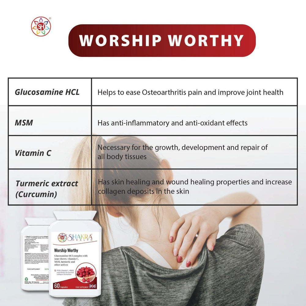 Buy Worship Worthy Collagen, Bone, Joint, Cartilage & Connective Tissue Formula - Healthy cartilage, tendons, ligaments and muscles are all necessary to keep our joints in fine fettle. This supplement offers specific support for collagen formation. Glucosamine is a compound which occurs naturally in the body, but our natural production of glucosamine may decline as we age. at Sacred Remedy Online