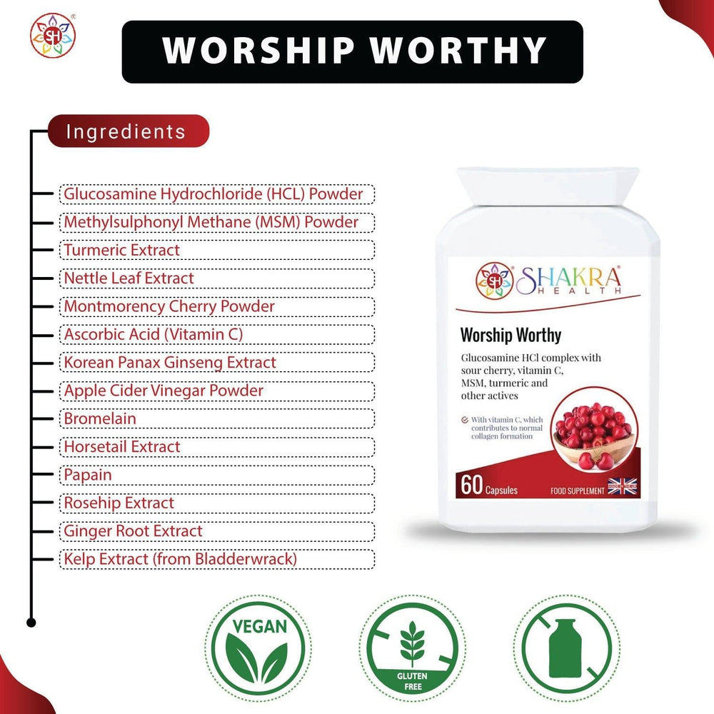 Buy Worship Worthy Collagen, Bone, Joint, Cartilage & Connective Tissue Formula - Healthy cartilage, tendons, ligaments and muscles are all necessary to keep our joints in fine fettle. This supplement offers specific support for collagen formation. Glucosamine is a compound which occurs naturally in the body, but our natural production of glucosamine may decline as we age. at Sacred Remedy Online