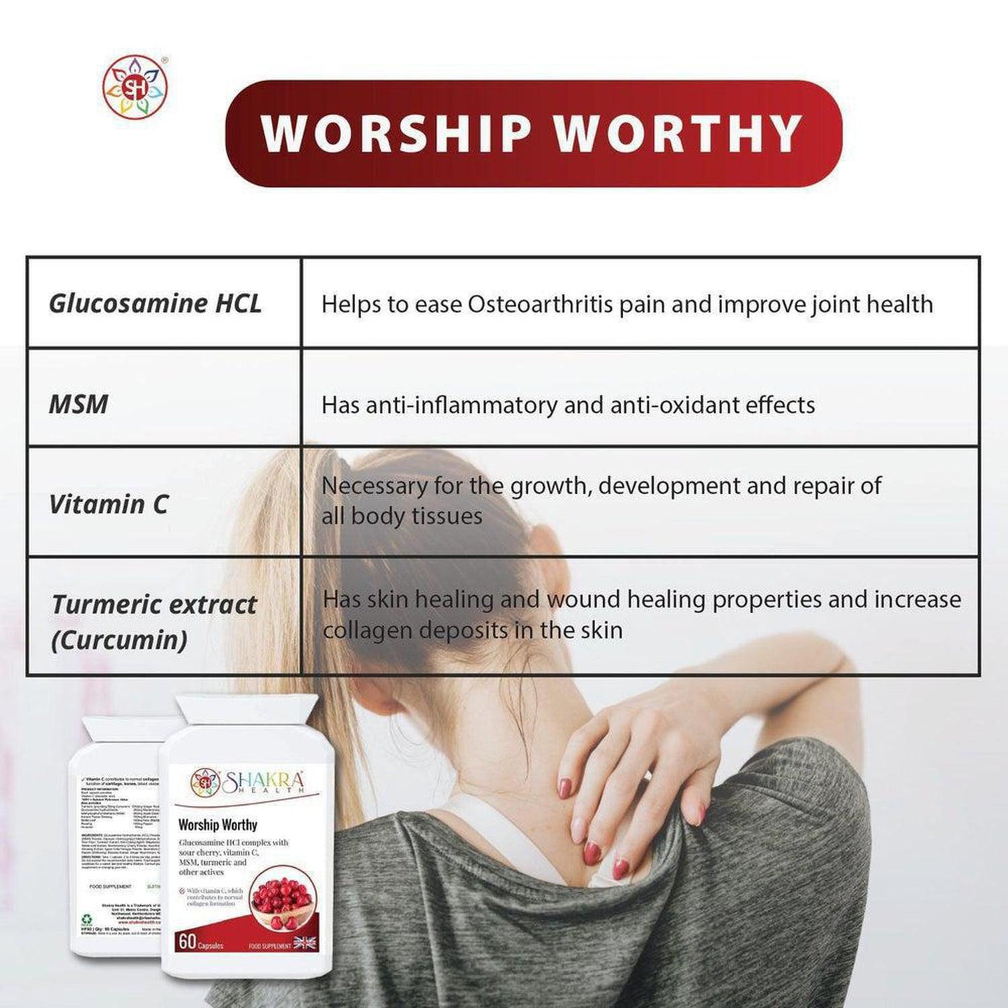 Worship Worthy Collagen, Bone, Joint, Cartilage & Connective Tissue Formula - Healthy cartilage, tendons, ligaments and muscles are all necessary to keep our joints in fine fettle. This supplement offers specific support for collagen formation. Glucosamine is a compound which occurs naturally in the body, but our natural production of glucosamine may decline as we age. Buy Now at Sacred Remedy