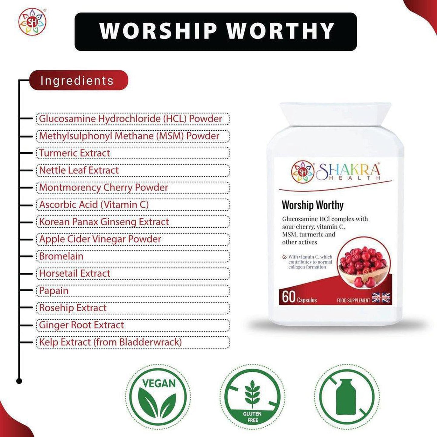 Worship Worthy Collagen, Bone, Joint, Cartilage & Connective Tissue Formula - Healthy cartilage, tendons, ligaments and muscles are all necessary to keep our joints in fine fettle. This supplement offers specific support for collagen formation. Glucosamine is a compound which occurs naturally in the body, but our natural production of glucosamine may decline as we age. Buy Now at Sacred Remedy