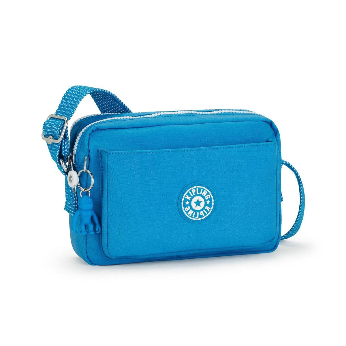 Kipling Abanu mini crossbody bag in Eager Blue with adjustable strap, front zip pocket, and signature monkey keychain.