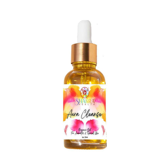 30ml Aura Cleanse ritual oil in a glass dropper bottle with a gold cap and vibrant floral label on white background.