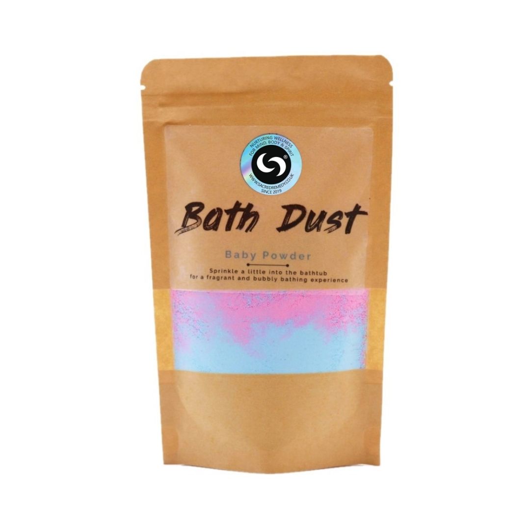 Buy Talcum-Free, Baby Powder Scented Bath Dust. A Bathtime Treat - Indulge in pure bliss with our luxurious bath dust. Infused with a calming baby powder scent, this silky soft powder transforms bath time into a spa-like experience. Gently exfoliate, hydrate, and soothe your skin for ultimate relaxation. at Sacred Remedy Online