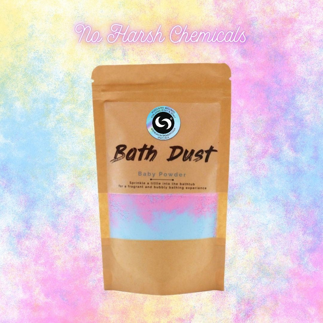 Buy Talcum-Free, Baby Powder Scented Bath Dust. A Bathtime Treat - Indulge in pure bliss with our luxurious bath dust. Infused with a calming baby powder scent, this silky soft powder transforms bath time into a spa-like experience. Gently exfoliate, hydrate, and soothe your skin for ultimate relaxation. at Sacred Remedy Online