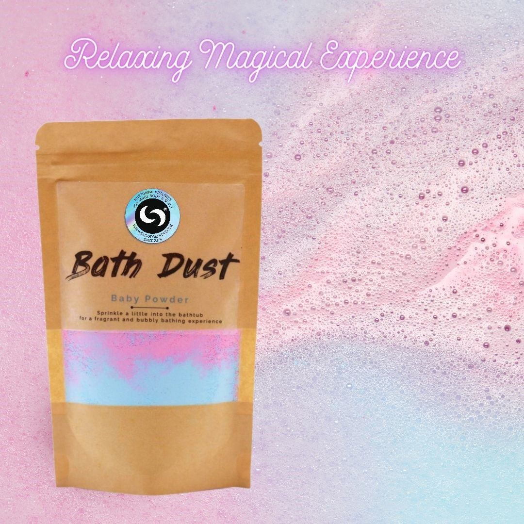 Buy Talcum-Free, Baby Powder Scented Bath Dust. A Bathtime Treat - Indulge in pure bliss with our luxurious bath dust. Infused with a calming baby powder scent, this silky soft powder transforms bath time into a spa-like experience. Gently exfoliate, hydrate, and soothe your skin for ultimate relaxation. at Sacred Remedy Online