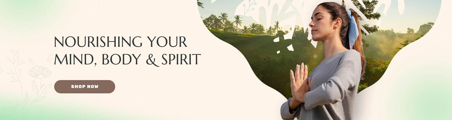 Woman meditating with mountains and text 'Nourishing your mind, body & spirit' on a green gradient background
