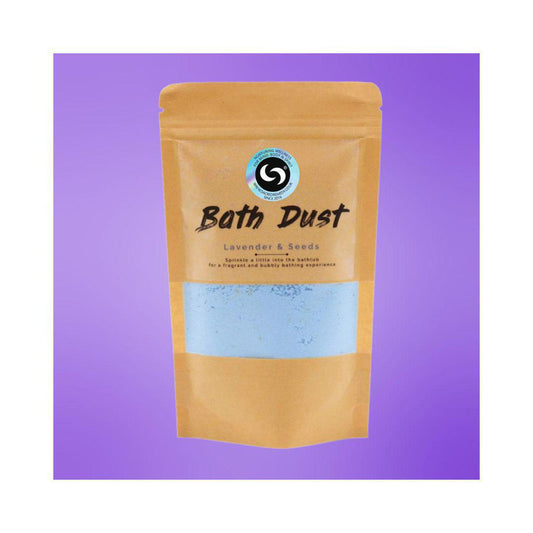 Lavender and Seeds bath dust in a resealable kraft pouch with a clear window revealing light blue powder against purple.