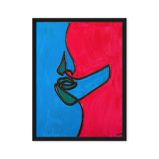 Abstract portrait with raised black lines on a split cobalt blue and hot pink canvas in a black frame.