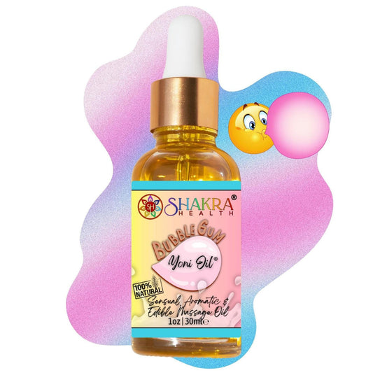 Amber glass dropper bottle of Bubblegum Yoni Oil with a pink and blue gradient label and playful bubblegum emoji graphic.