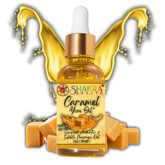 30ml bottle of caramel yoni oil with a gold dropper, surrounded by caramel cubes and golden liquid splashes.