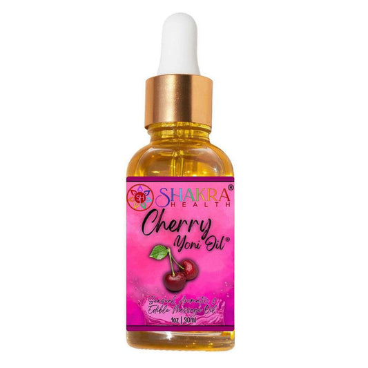 30ml bottle of Shakra Health cherry yoni oil with a gold dropper cap and a vibrant pink label featuring cherry graphics.