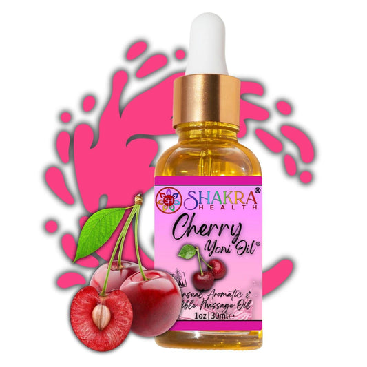 30ml bottle of Shakra Health cherry yoni oil with a gold dropper, pink label, and fresh cherry illustrations.