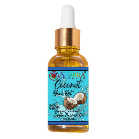 30ml glass dropper bottle of Shakra Health coconut yoni oil with a bright blue label featuring coconut imagery.