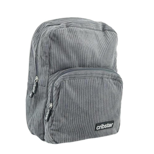 Compact grey corduroy backpack with a front zippered pocket and black Cribstar logo patch on a white background.