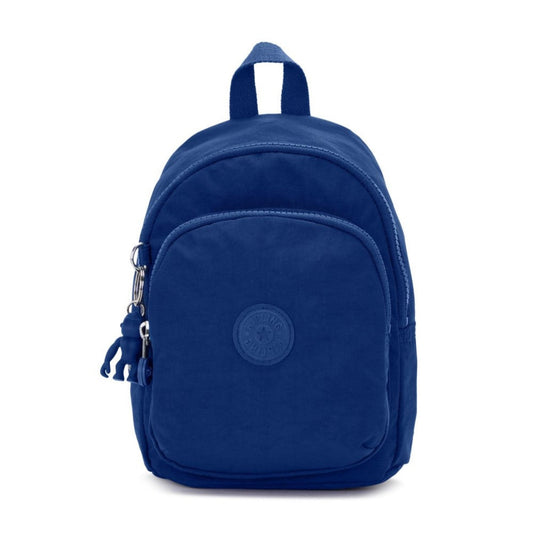 Deep sky blue Kipling Delia compact backpack with a front zip pocket and signature monkey keychain.