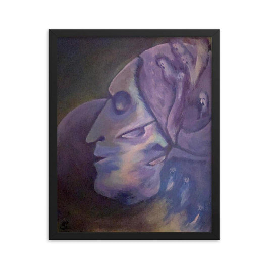 Surrealist painting in a black frame featuring interweaving faces in deep blues and purples with spectral figures.