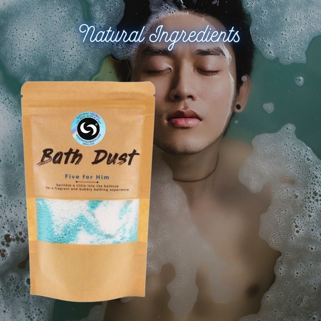 Buy Five for Him Bath Dust: Indulgent Luxury for Men - Unwind and rejuvenate with Five for Him Bath Dust. Experience the ultimate in male grooming with this luxurious bath treat, designed to soothe the senses and revitalize the body. The perfect addition to any man's bath routine. This bath dust, specially designed for men, will leave you feeling refreshed. at Sacred Remedy Online