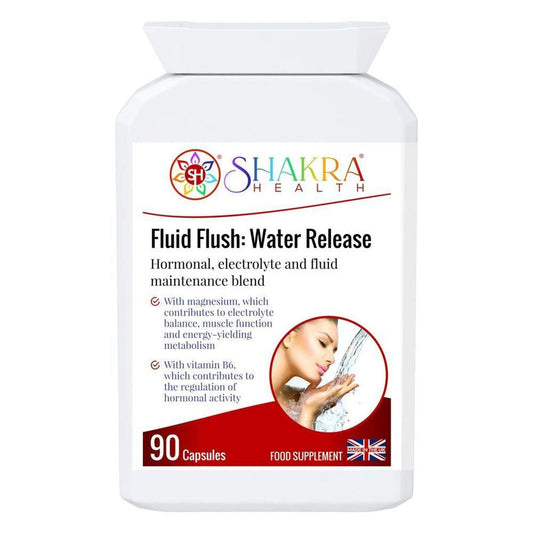 White bottle of Shakra Health Fluid Flush capsules with a label featuring a woman splashing water on her face.