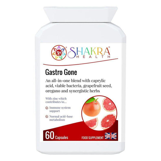 White bottle of Gastro Gone digestive supplement with grapefruit imagery and 60 capsule count label.
