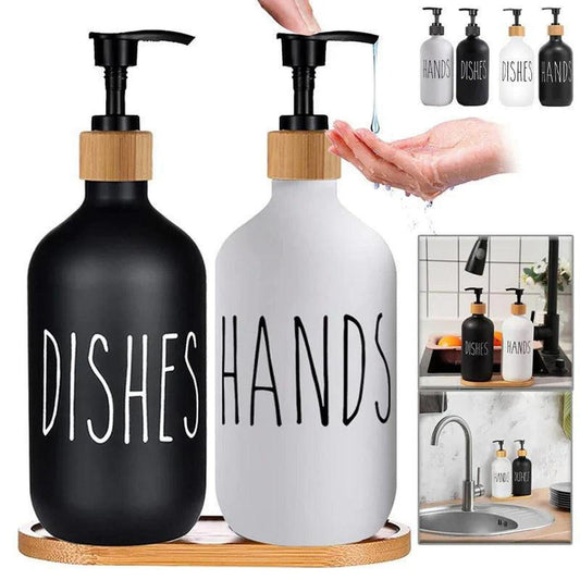 Black and white 500ml soap dispensers with bamboo pumps and tray for kitchen sink organization.