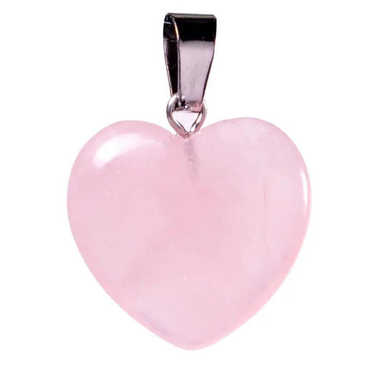Smooth, heart-shaped rose quartz pendant in soft pastel pink with a polished finish and a silver-tone metal bail.