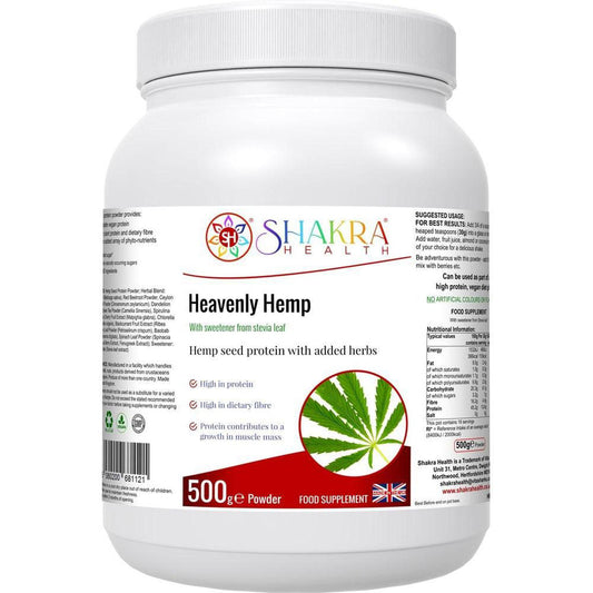 White 500g tub of Shakra Health Heavenly Hemp protein powder with a red and white label featuring a hemp leaf graphic.