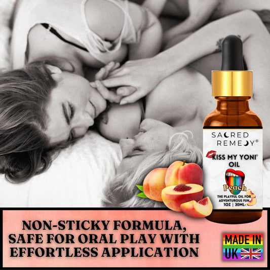 Sacred Remedy Peach Yoni Oil bottle with dropper, featuring peach illustrations and a couple in the background.