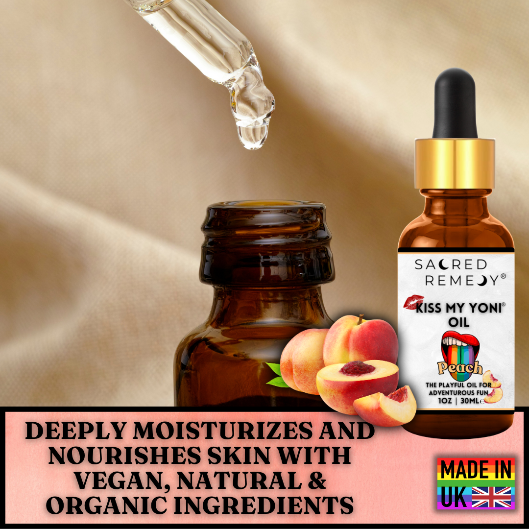 Buy Kiss My Yoni Oil - Peach | Fresh, Natural, Intimate Care - Luxuriate in the ultimate skin indulgence with Kiss My Yoni Oil Peach. A Premium Body Massage Oil Rub to ignite the senses. Our non-sticky, vegan, and organic formula also deeply hydrates, plumps & moisturizes, leaving your skin soft and refreshed. Experience the pure bliss of self-care or share the love with a partner at Sacred Remedy Online