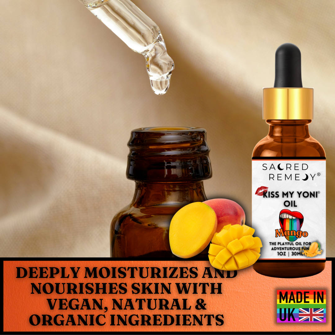 Buy Kiss My Yoni Oil - Mango | Fresh, Natural, Intimate Care - Luxuriate in the ultimate skin indulgence with Kiss My Yoni Oil Mango. A Premium Body Massage Oil Rub to ignite the senses. Our non-sticky, vegan, and organic formula also deeply hydrates, plumps & moisturizes, leaving your skin soft and refreshed. Experience the pure bliss of self-care or share the love with a partner at Sacred Remedy Online