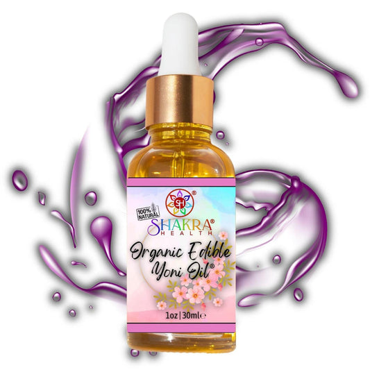 30ml glass dropper bottle of organic yoni oil with a floral label and gold cap against a purple liquid splash background.