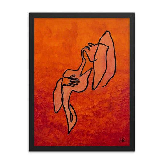 Minimalist black line art of a female silhouette on a textured, fiery red and orange painted background in a black frame.