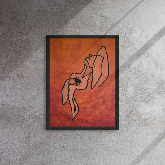 Minimalist black line art of a female silhouette on a textured fiery red and orange painted canvas in a black frame.