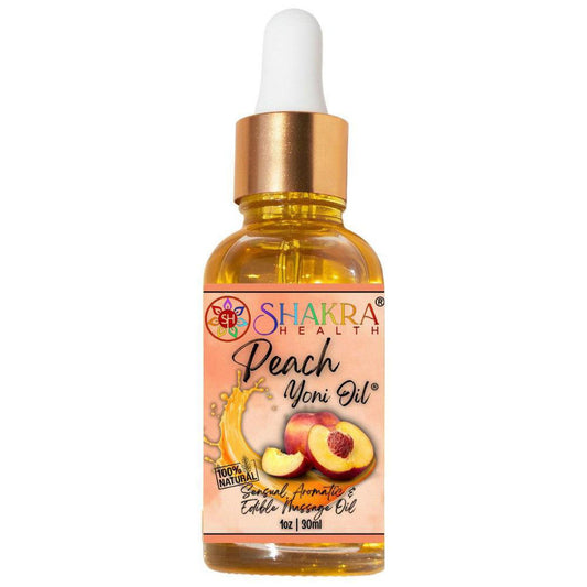 30ml bottle of Shakra Health peach yoni oil with a gold dropper cap and a label featuring peach illustrations.