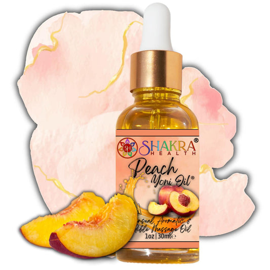 30ml glass dropper bottle of peach yoni oil with a gold cap, featuring a peach-themed label against a pink watercolor background.