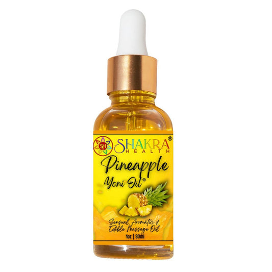 30ml bottle of Shakra Health pineapple yoni oil with a gold dropper cap and yellow pineapple-themed label.