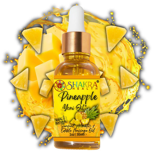 30ml bottle of Shakra Health pineapple yoni oil with a gold dropper, surrounded by pineapple slices and golden liquid splashes.
