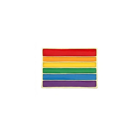Rectangular pride flag enamel pin with vibrant rainbow stripes and a polished gold-plated metal border.