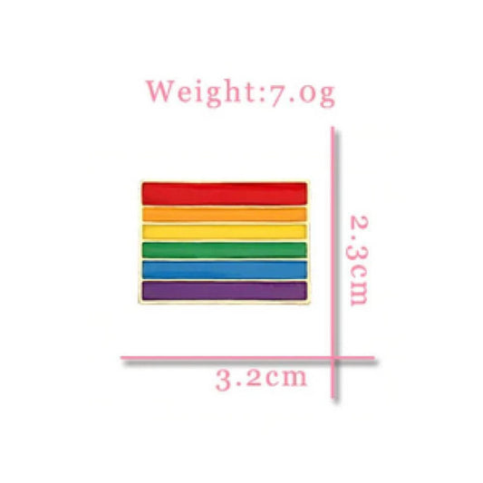 Rectangular gold-plated enamel Pride pin with horizontal rainbow stripes, measuring 3.2cm by 2.3cm and weighing 7.0g.