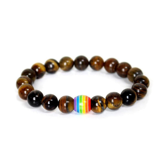 8mm natural Tiger's Eye bead bracelet featuring a central rainbow-striped resin accent bead on a white background.