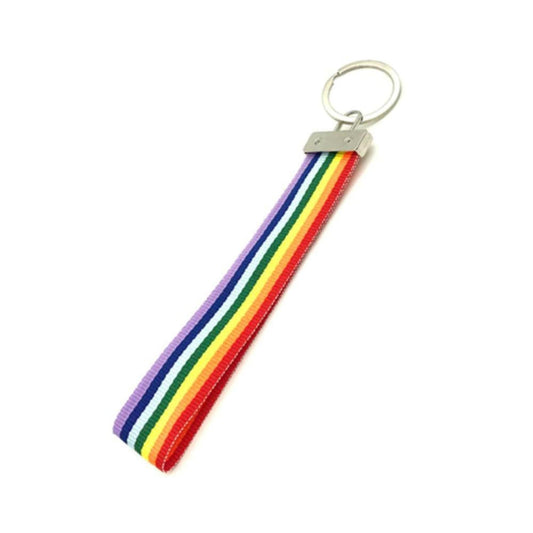 Vibrant rainbow striped nylon wristlet keyring with a silver metal clasp and ring, isolated on a white background.