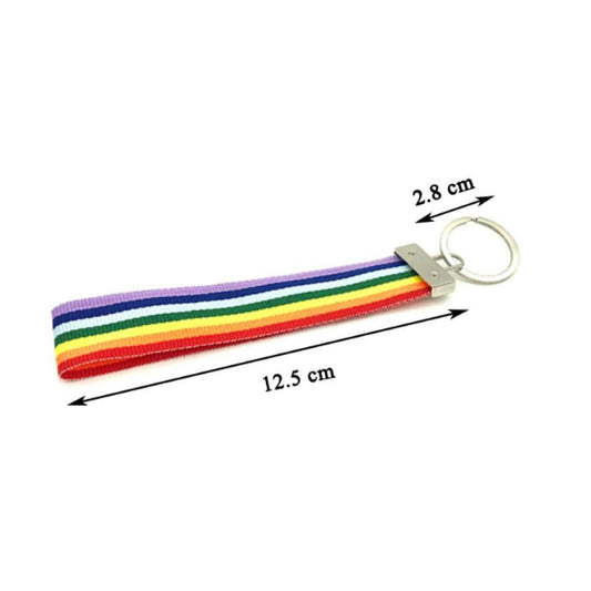 Rainbow nylon pride keyring with a silver metal ring, measuring 12.5 cm long and 2.8 cm wide against a white background.