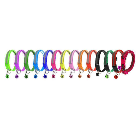 Assorted colorful nylon reflective cat collars with small bells, lined up in a row against a white background.
