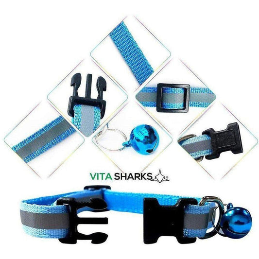 Blue nylon reflective cat collar with a safety buckle and matching bell, shown in detail and full view.