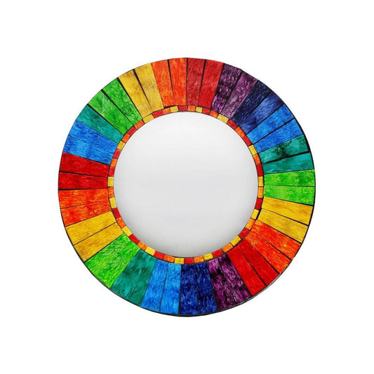 Round wall mirror featuring a vibrant, handcrafted rainbow mosaic glass tile frame on a sturdy wooden base.