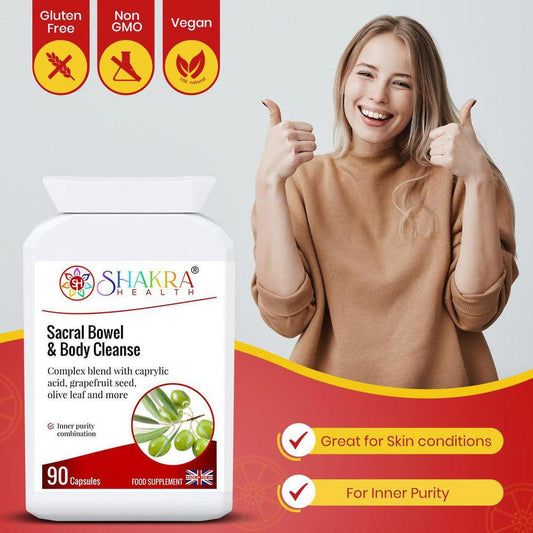 White supplement bottle of Sacral Bowel & Body Cleanse with 90 capsules, featuring a smiling woman giving a thumbs up.