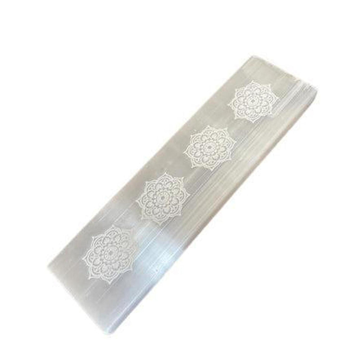 Rectangular white selenite charging plate featuring four intricate white mandala engravings on a translucent surface.