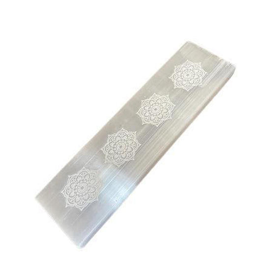 Rectangular white selenite charging plate featuring four intricate white mandala engravings on a translucent surface.