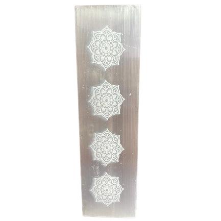 Buy 15cm Selenite Bar Charging Plate | Etched Mandala Design - A perfect addition to any altar or meditation space and is also a great gift for anyone who appreciates the healing properties of crystals or elegant home decor. With its natural beauty and unique properties, this charging plate is sure to bring a sense of calm and serenity to any space it inhabits. at Sacred Remedy Online