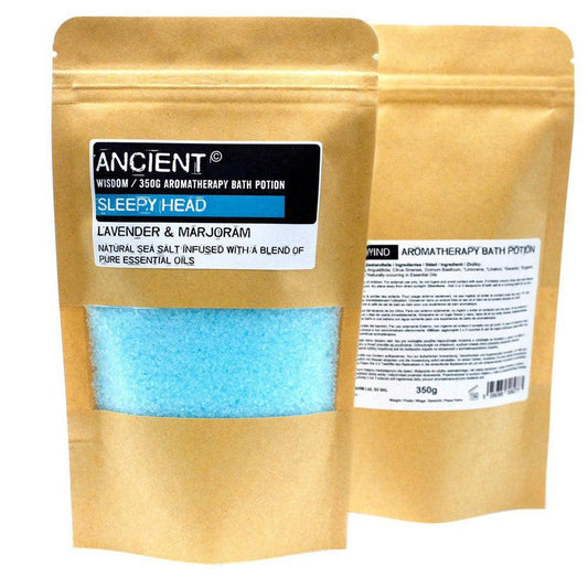 350g Sleepy Head aromatherapy bath salt pouch with blue crystals and a black label in a kraft paper stand-up bag.