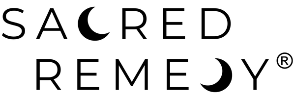 Sacred Remedy brand logo in black text featuring crescent moon icons replacing the letters C and D.